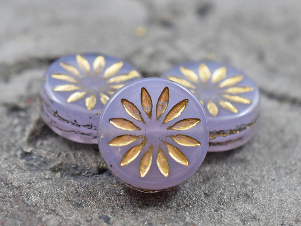 *15* 12mm Gold Washed Lilac Opaline Aster Flower Coin Beads