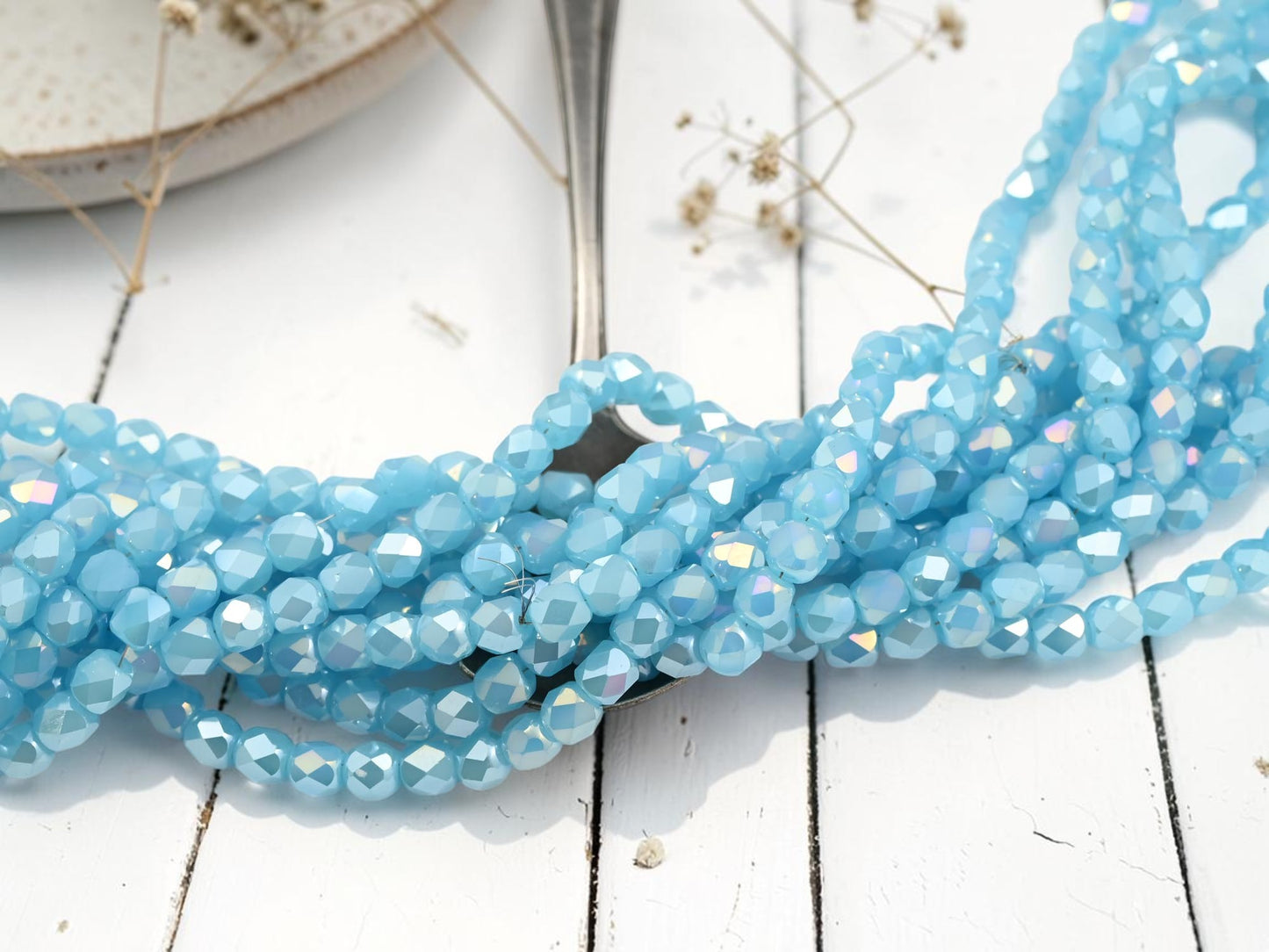 5x6mm Electroplated Sky Blue Opaline Luster Faceted Round Beads (21" Strand)