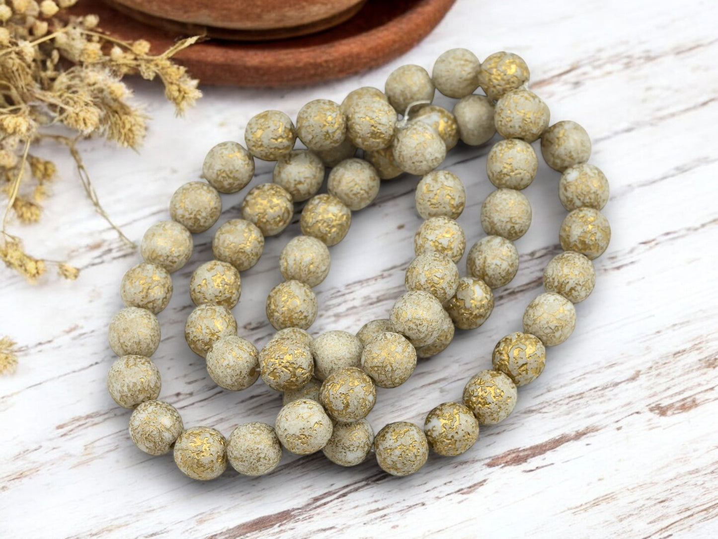 *20* 8mm Gold Washed Etched Ivory Round Druk Beads