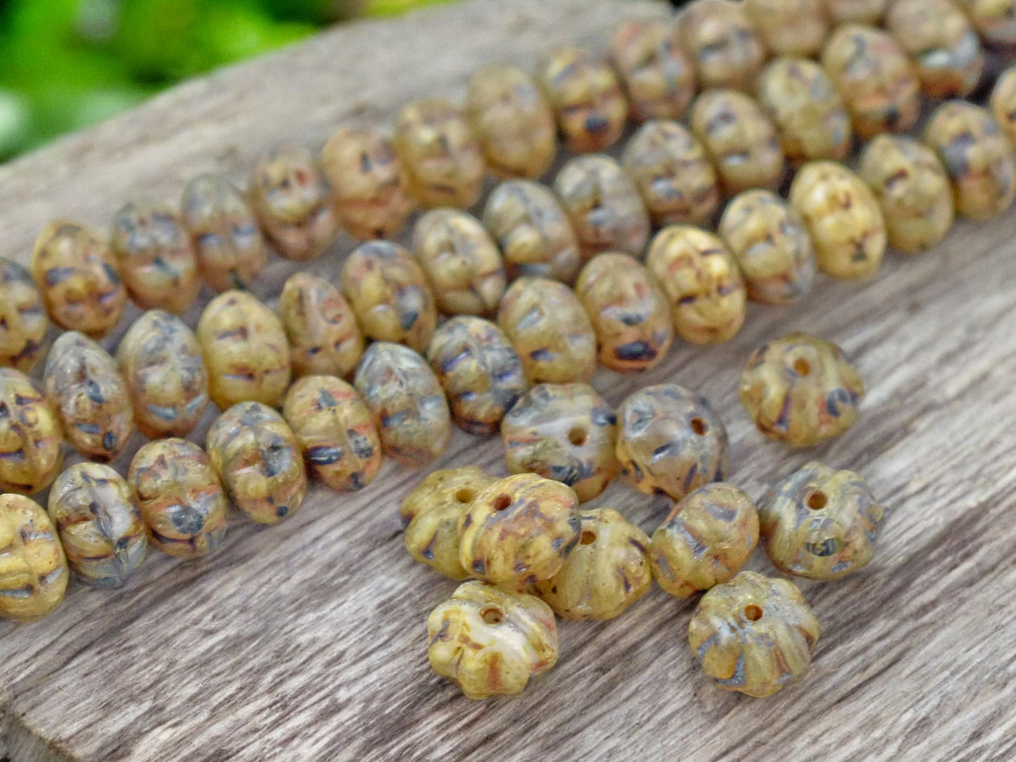 5x8mm Rustic Matte Champagne Beige Picasso Ribbed Rondelle Beads - 8" Strand