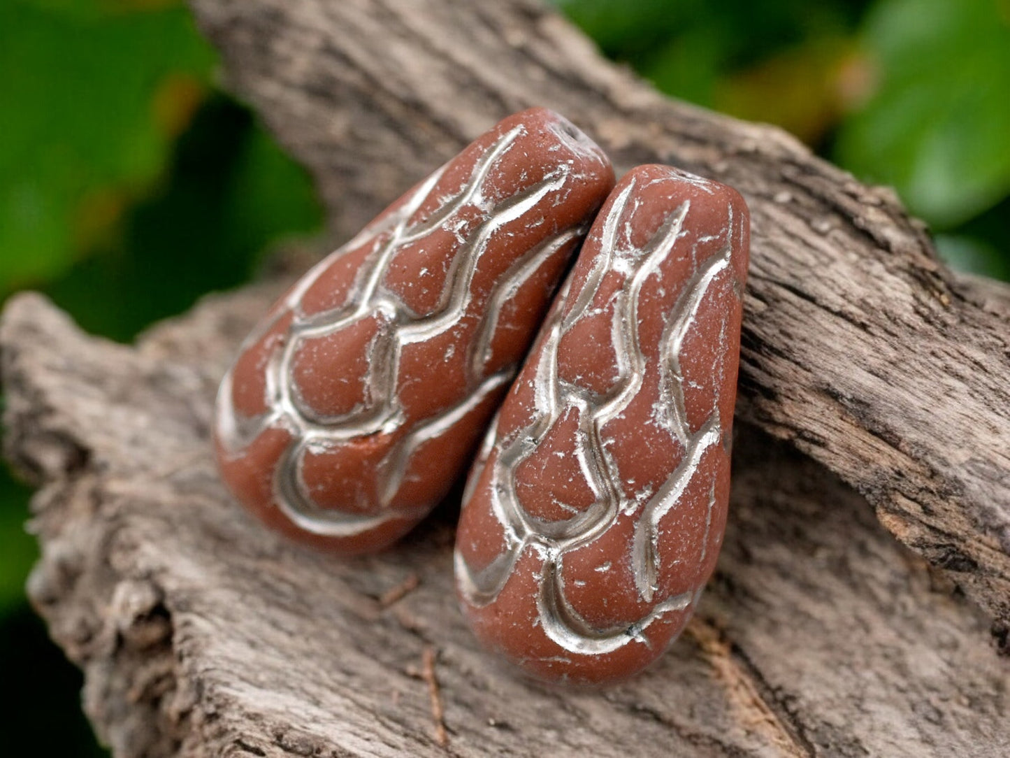 *6* 25x12mm Gold Washed Matte Brick Mermaid Scale Large Drop Beads