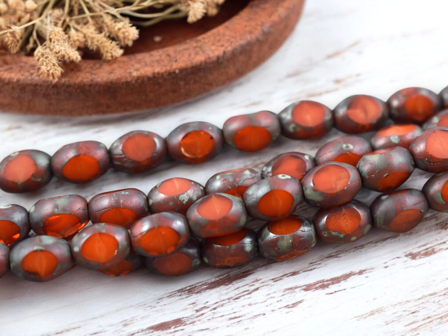 *15* 6x8mm Orange Travertine Fire Polished Window Cut Oval Beads