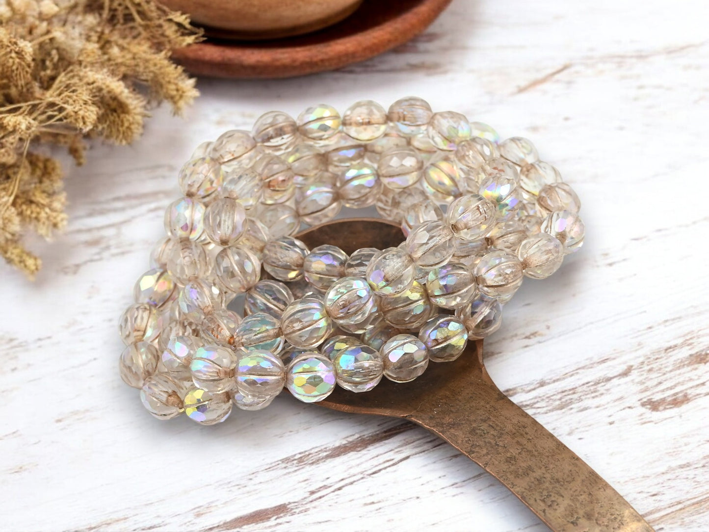 *20* 8mm Metallic Beige Washed Crystal AB Faceted Round Melon Beads