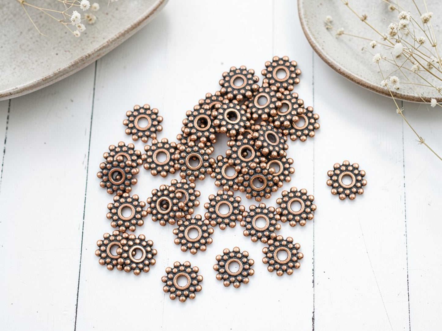 *100* 9mm Antique Copper Snowflake Daisy Spacer Beads