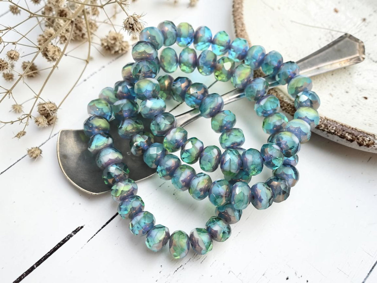 *25* 6x8mm Purple Bronze Washed Blended Peruvian Blue Opal Mix Fire Polished Rondelle Beads