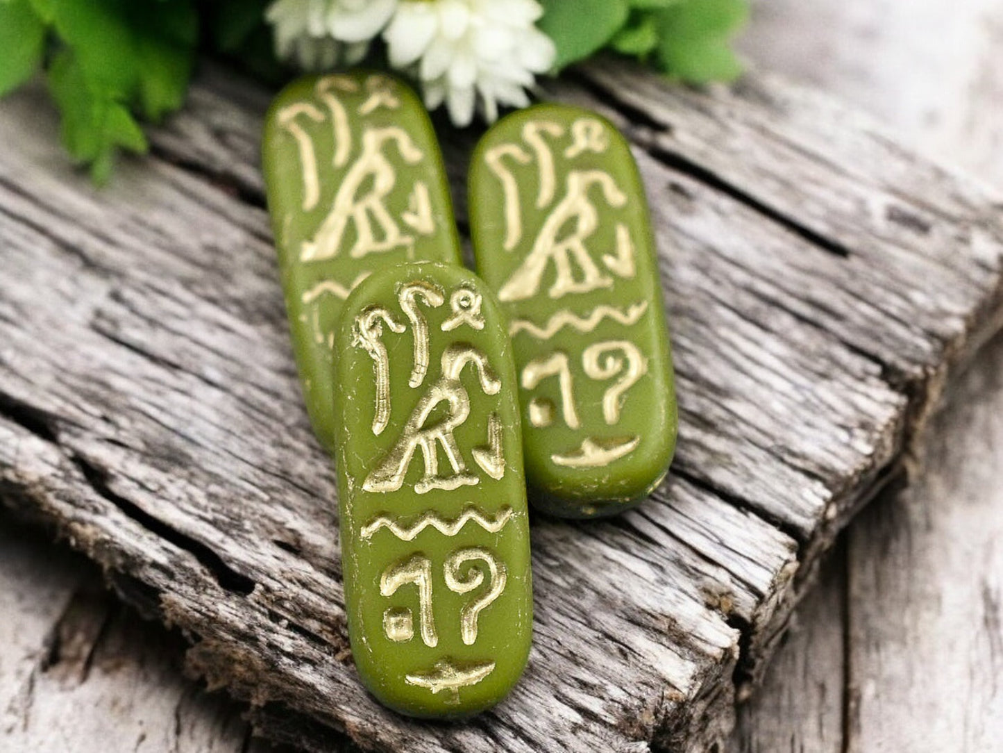 *6* 25x10mm Gold Washed Matte Olive Green Egyptian Cartouche Oval Beads