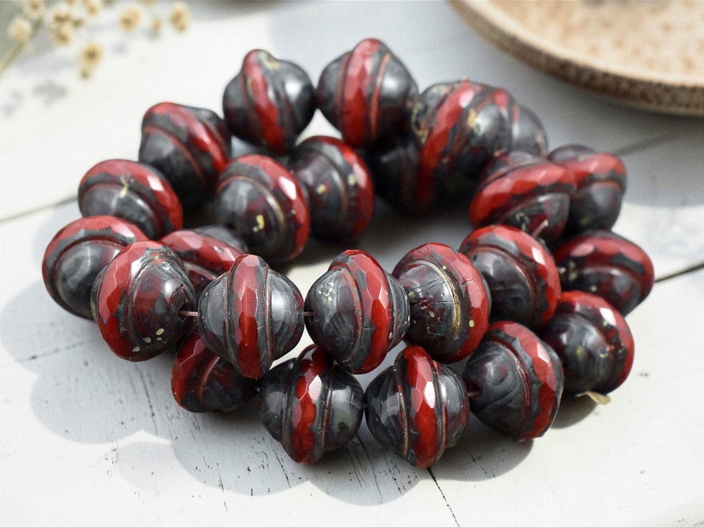 *12* 10x12mm Red Picasso Saturn Beads