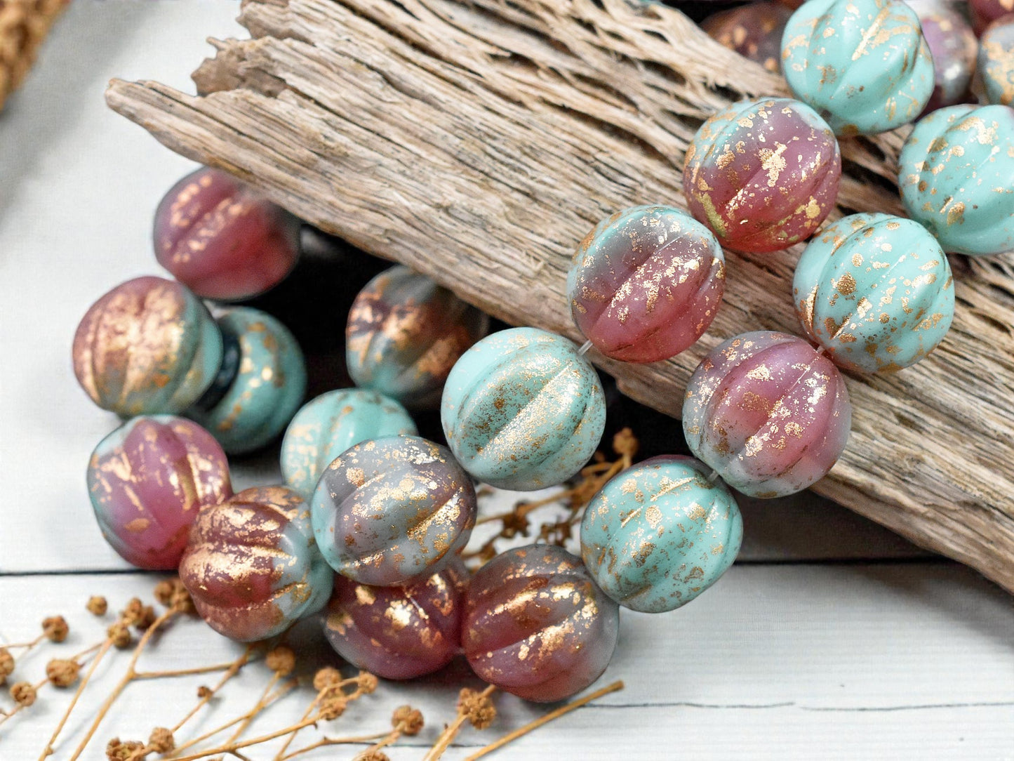 *15* 12mm Gold Washed Rose Pink & Turquoise Round Melon Beads