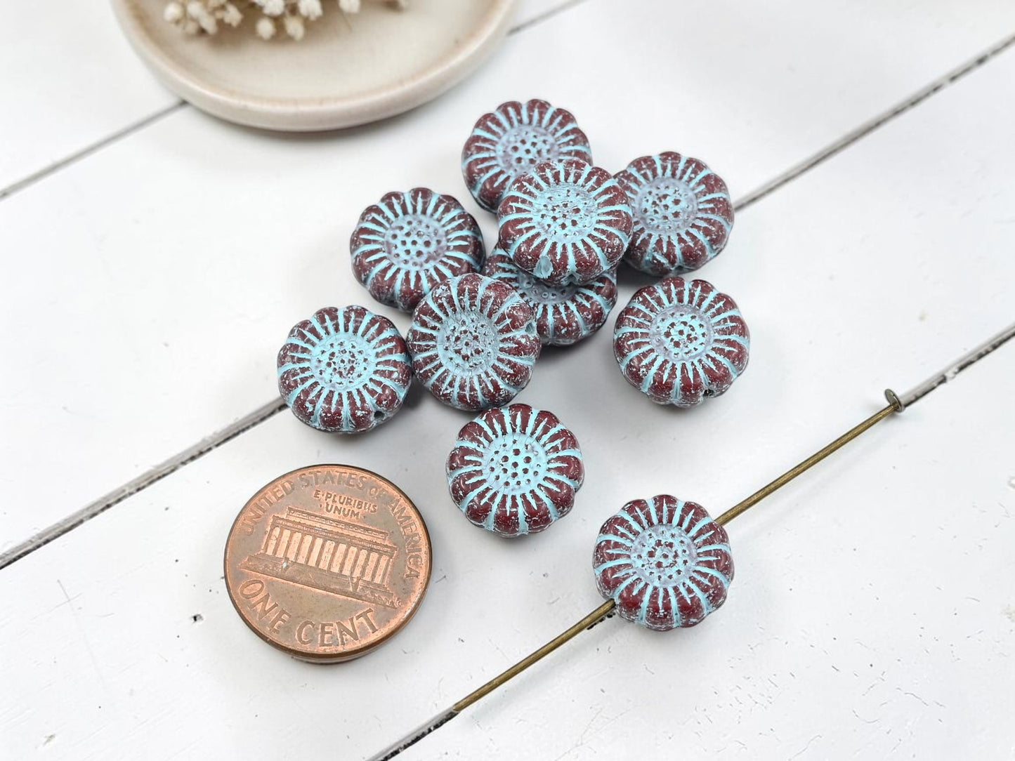 *10* 13mm Turquoise Washed Opaque Dark Red Sunflower Coin Beads