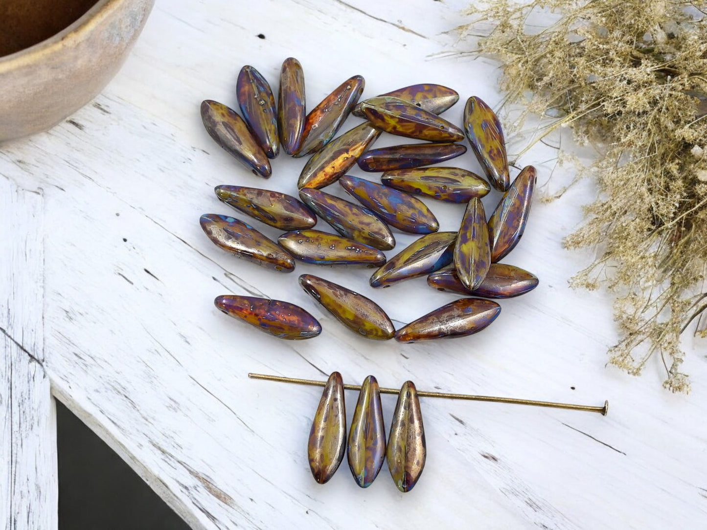 *25* 5x16mm Rustic Beige Opaline Blue Picasso Dagger Beads