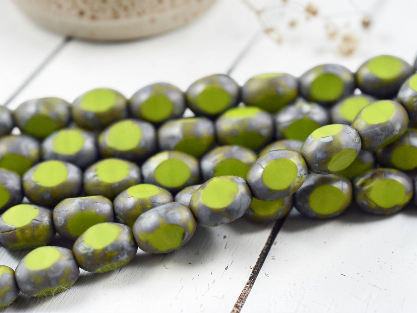 *19* 6x8mm Opaque Chartreuse Picasso Window Cut Oval Beads