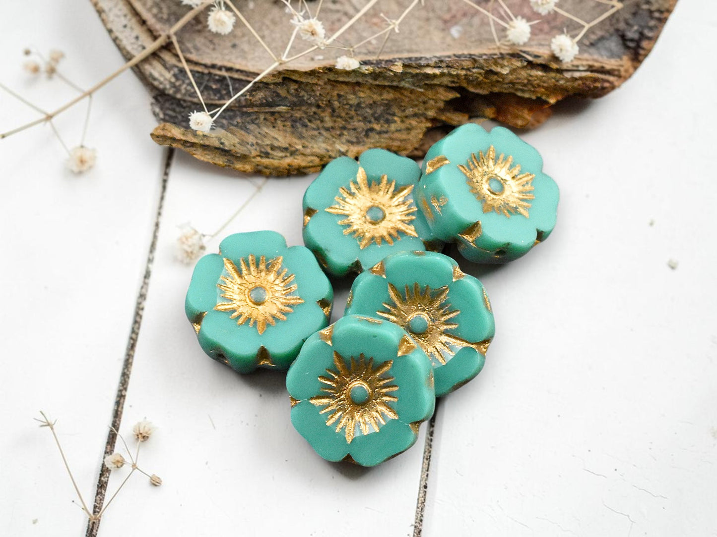 *12* 12mm Gold Washed Opaque Dark Turquoise Hawaiian Flower Beads