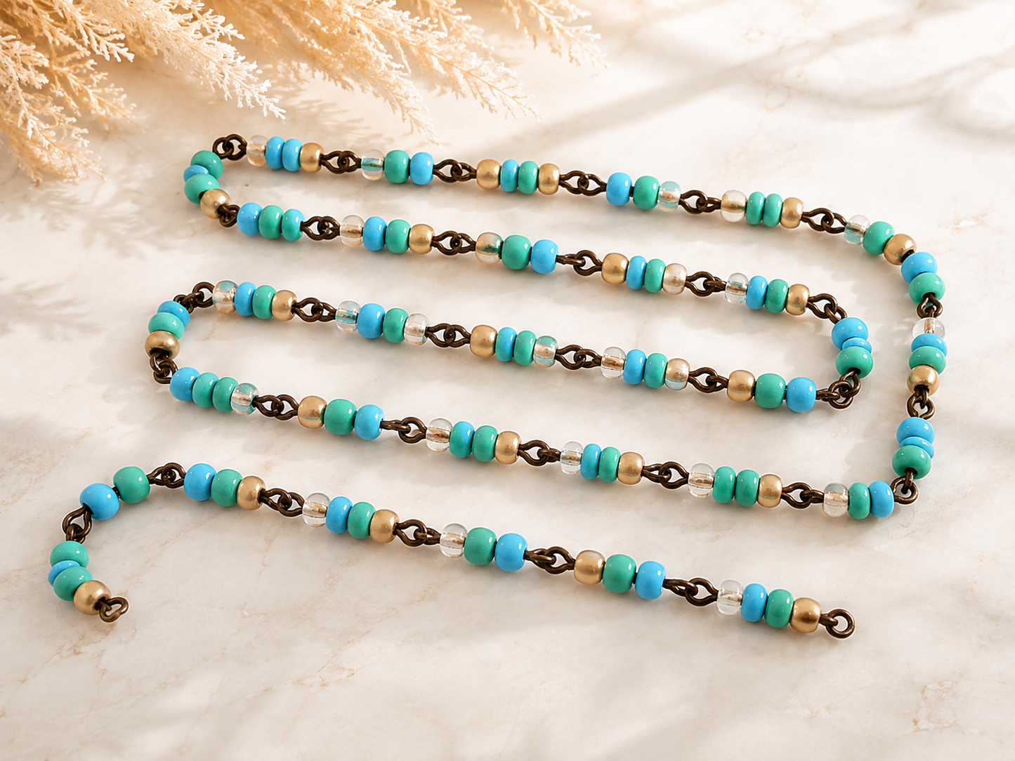 Czech Glass Blue/Turquoise//Matte Gold Beaded Chain w/ Bronze Links