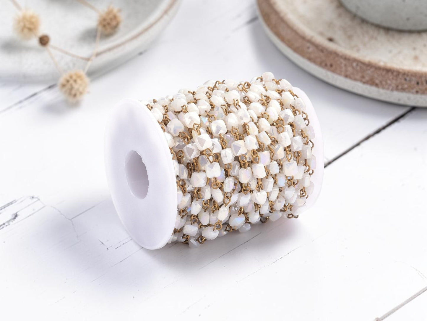 6.5mm Milky White AB w/ Bronze Links Handmade Beaded Chain - Sold by the foot