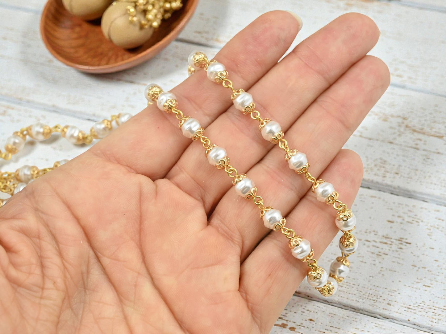 6mm Czech Glass White Baroque Pearl Chain w/Gold Caps - Sold by the Foot