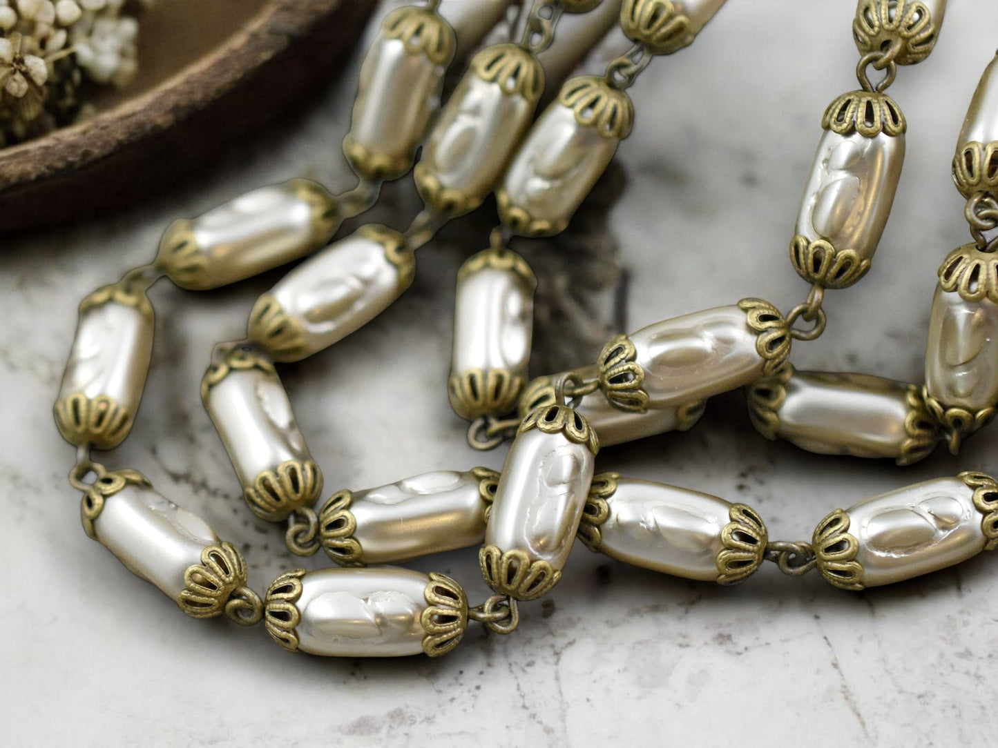 11.5x6.5mm Czech Glass Satin Taupe Pearl Chain with Ant Brass Caps -- Sold by the foot