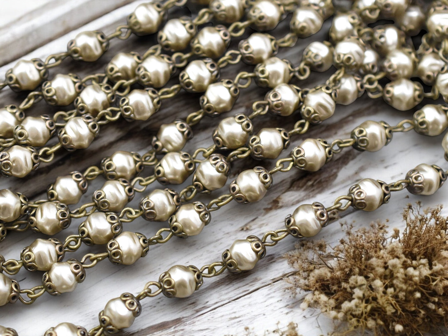 6mm Czech Glass Satin Taupe Pearl Chain w/Ant Brass Caps -- Sold by the foot