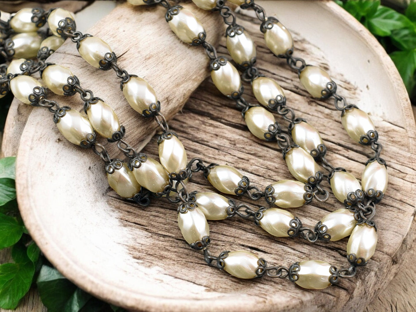 10x6mm Czech Glass Cream Twisted Oval Pearl Chain w/ Antique Bronze Caps -- Sold by the foot