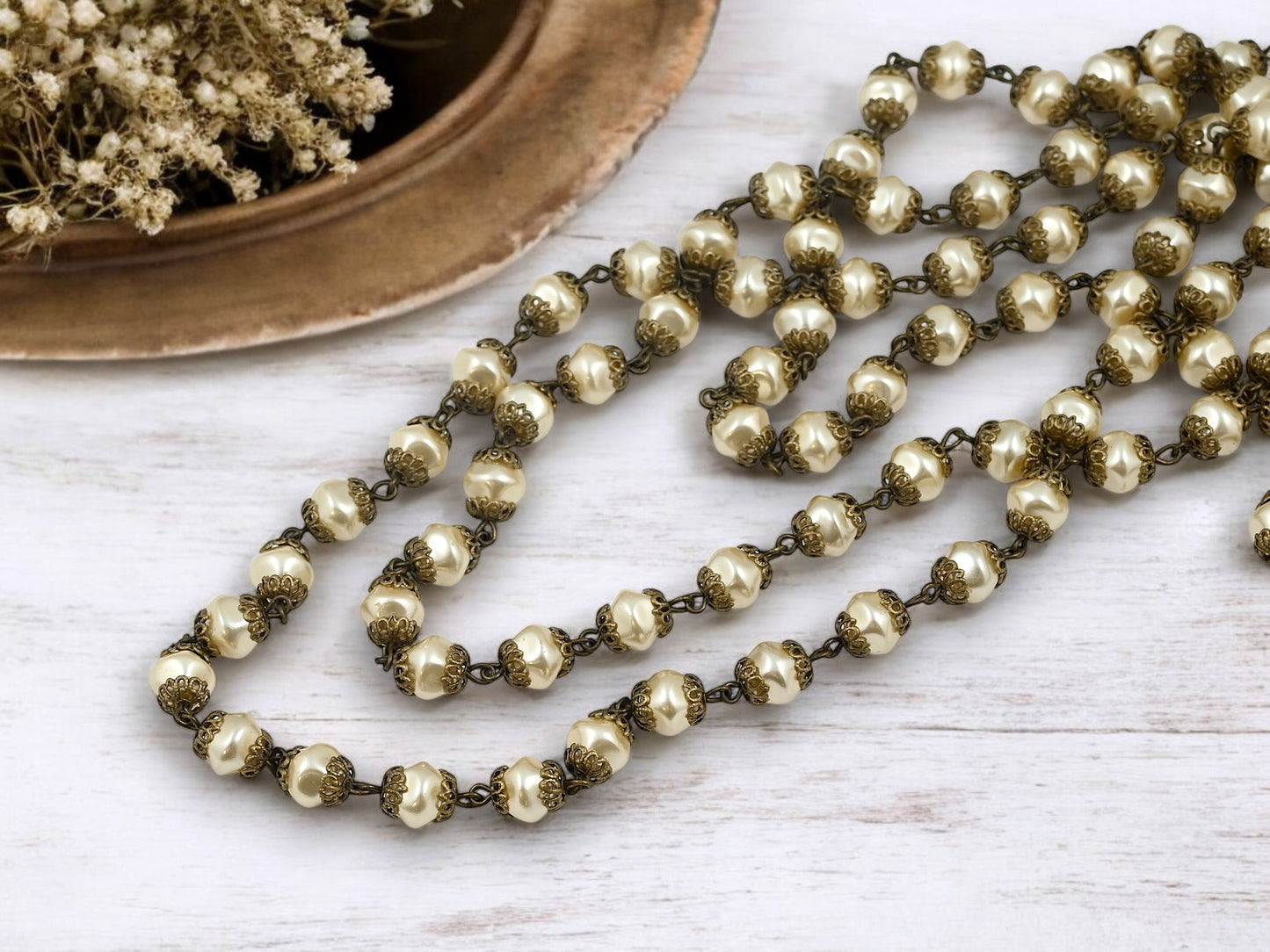 8mm Czech Glass Cream Baroque Pearl Chain with Antique Bronze Caps -- Sold by the foot