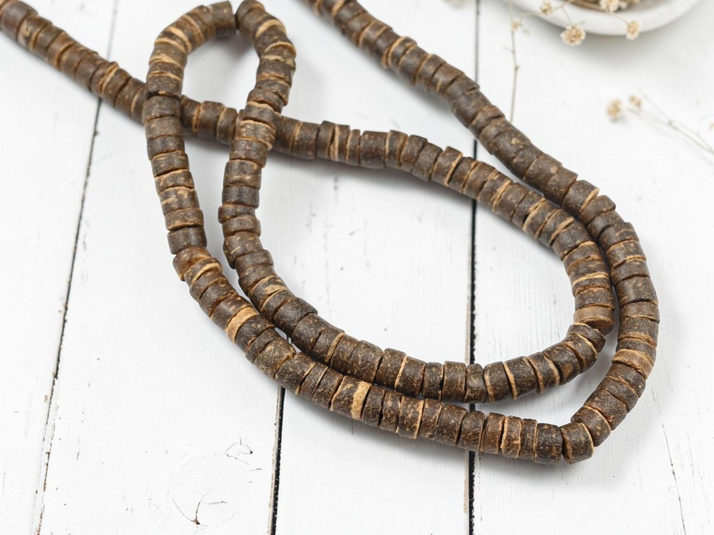 Hand Cut Coconut Shell Dark Brown Wood Heishi Beads (24" Strand) - Choose Your Size