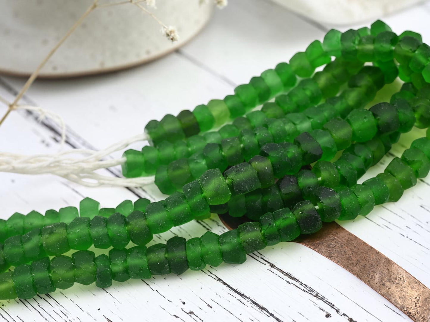 7x11mm Matte Emerald Green Recycled Java Window Glass Faceted Wheel Beads (15" Strand)
