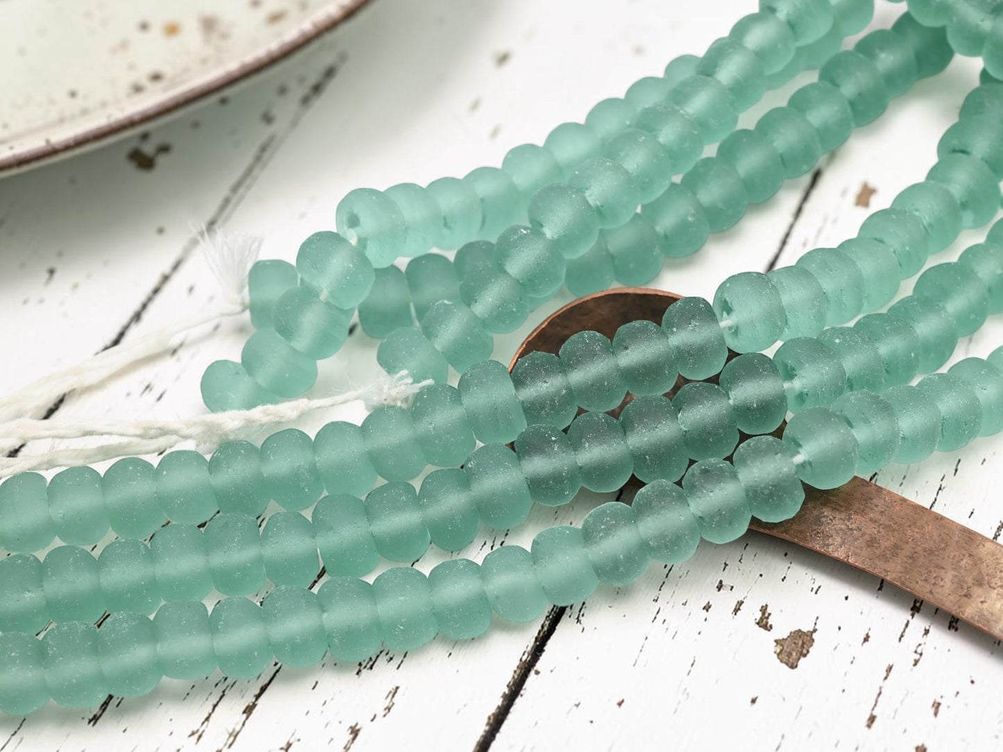 12 - 13mm Matte Sea Green Recycled Java Window Glass Donut Rondelle Beads (15" Strand)