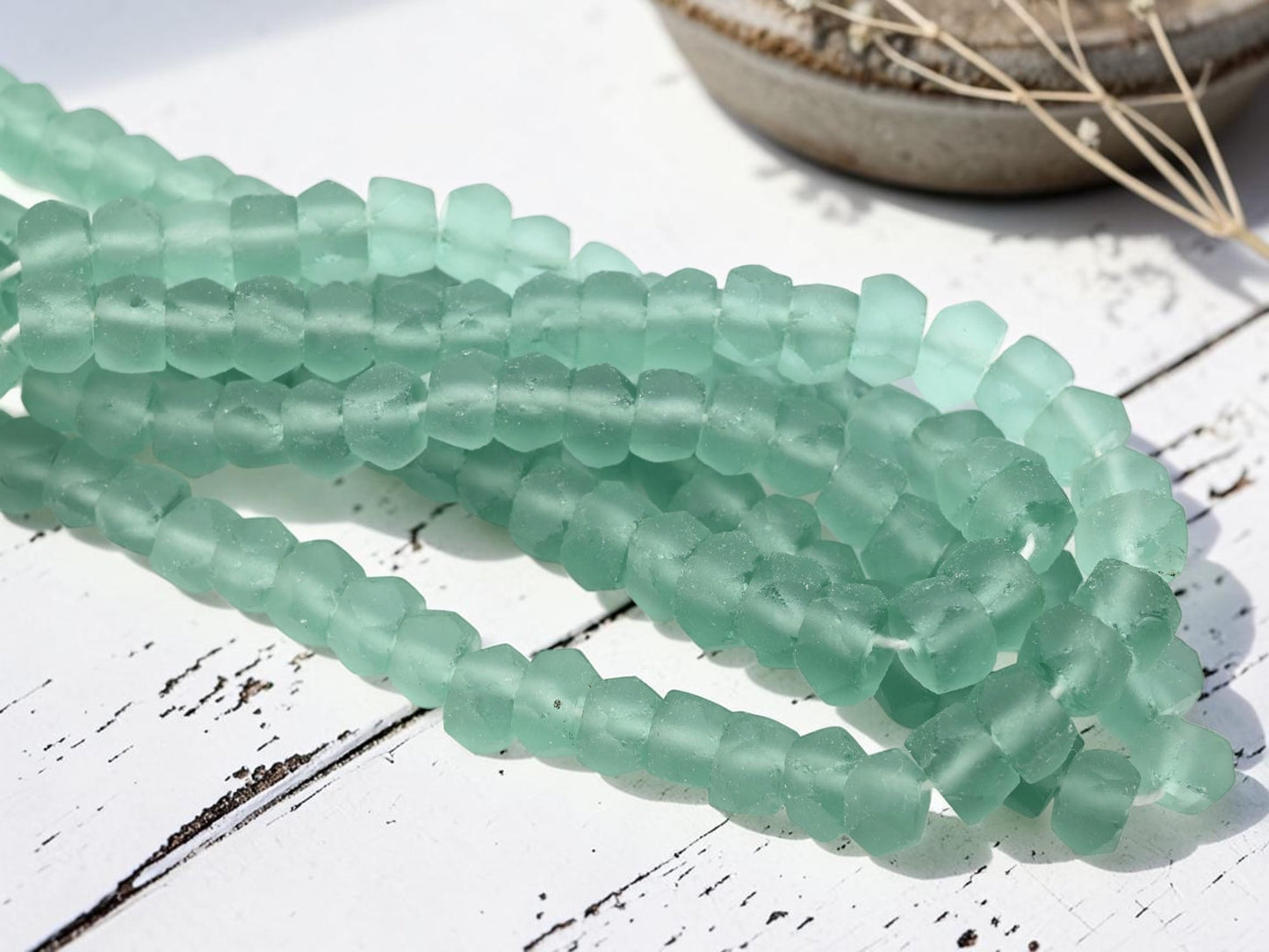 7x11mm Matte Sea Green Recycled Java Window Glass Faceted Wheel Beads (15" Strand)