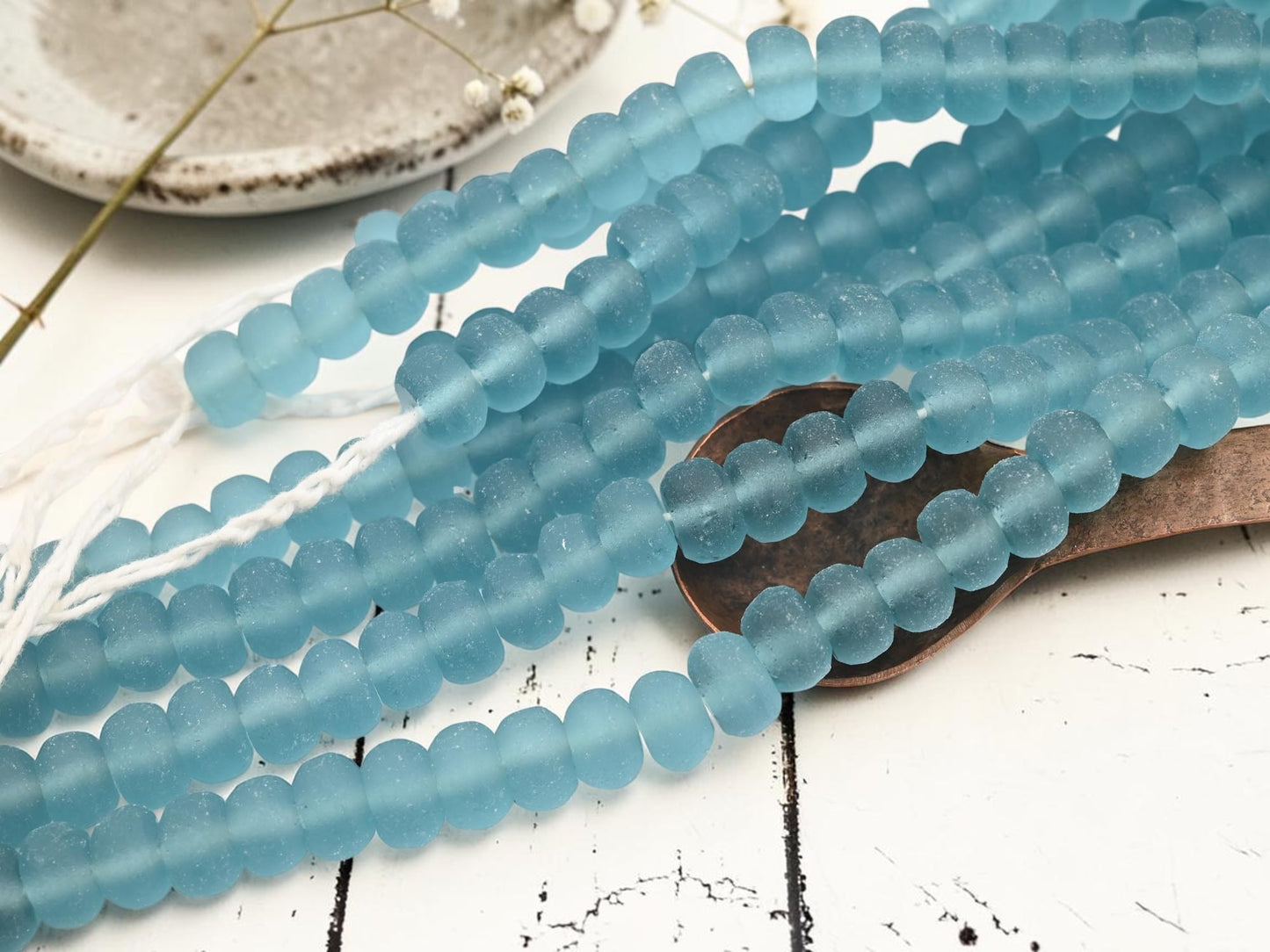 12 - 13mm Matte Blue Aqua Recycled Java Window Glass Donut Rondelle Beads (15" Strand)