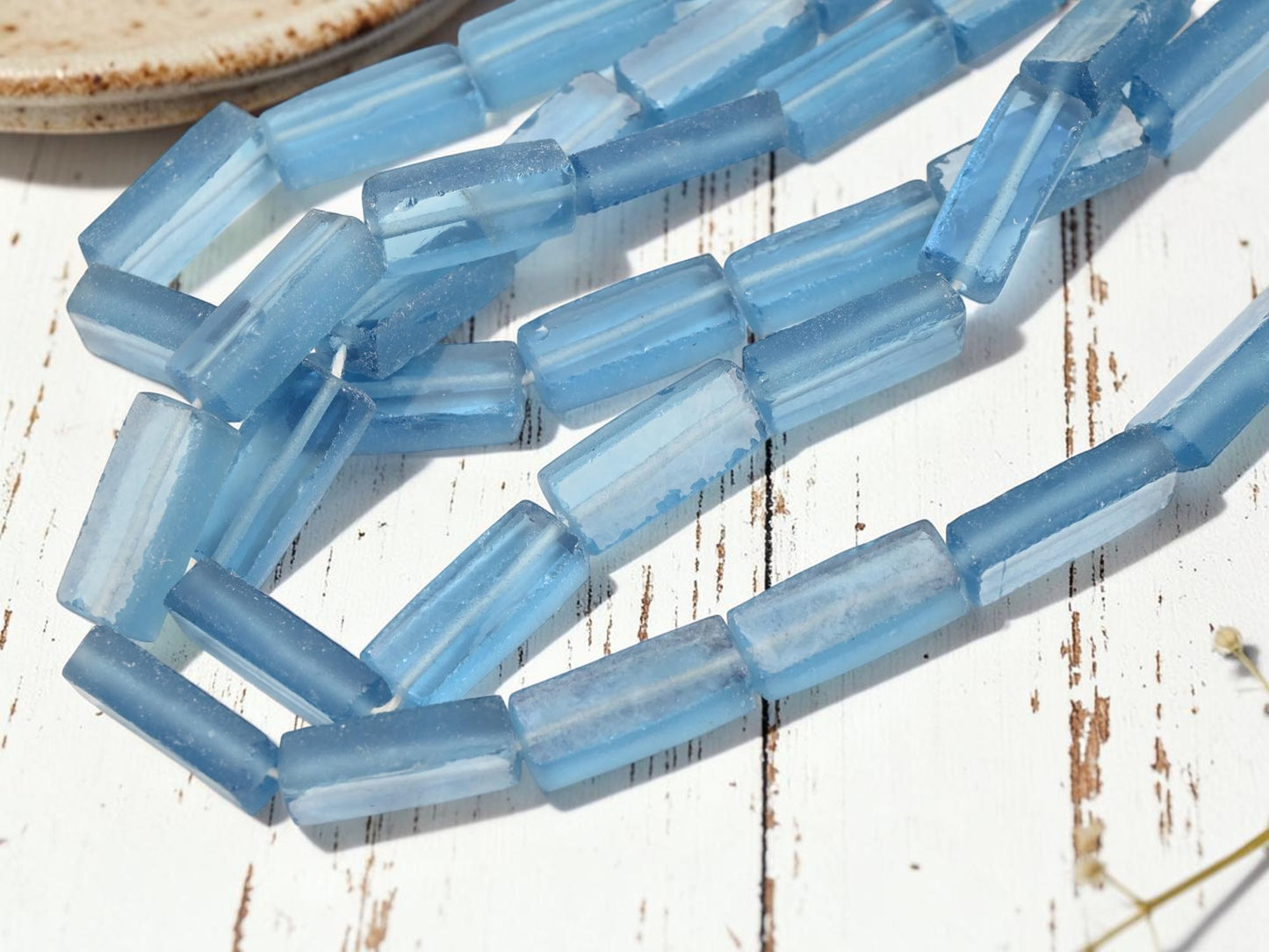 7x12x30mm Matte Sky Blue Recycled Java Window Glass Rectangle Beads (16" Strand)