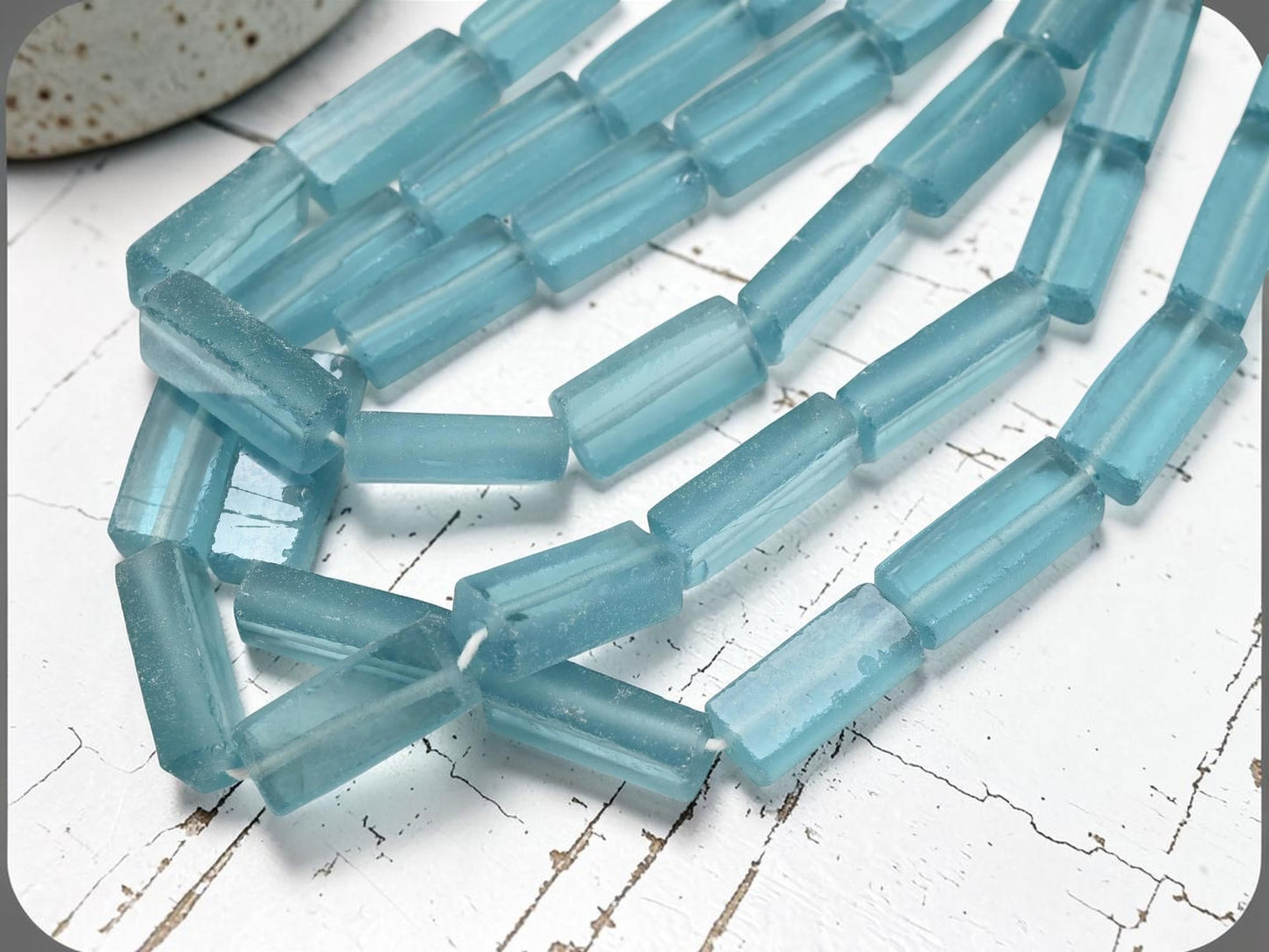 7x12x30mm Matte Blue Aqua Recycled Java Window Glass Rectangle Beads (16" Strand)