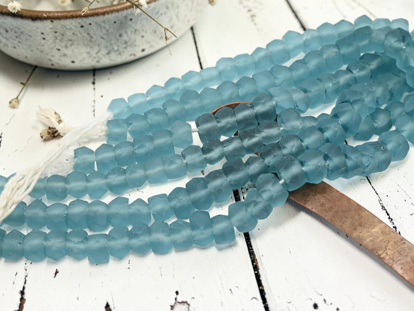 7x11mm Matte Blue Aqua Recycled Java Window Glass Beads