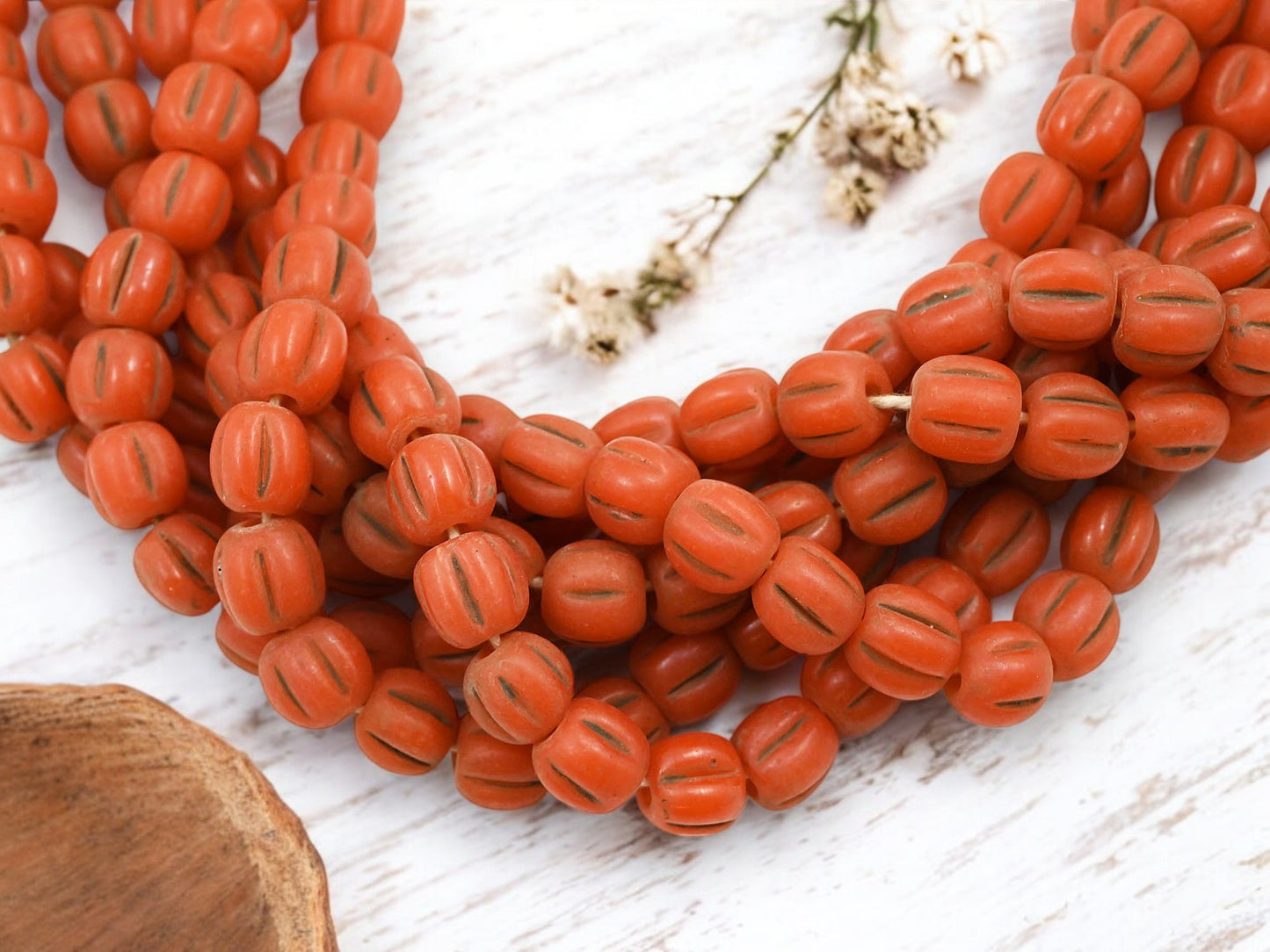 Aged Orange Pompeii "Melon" Round Beads (24" Strand) - Indonesian Glass Beads