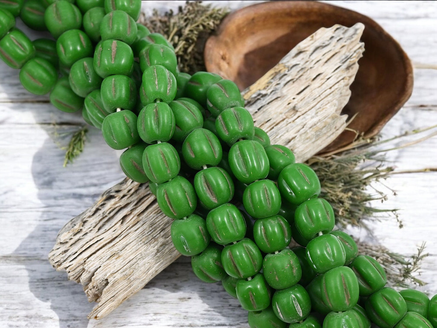 Aged Green Pompeii "Melon" Round Beads (24" Strand) - Indonesian Glass Beads