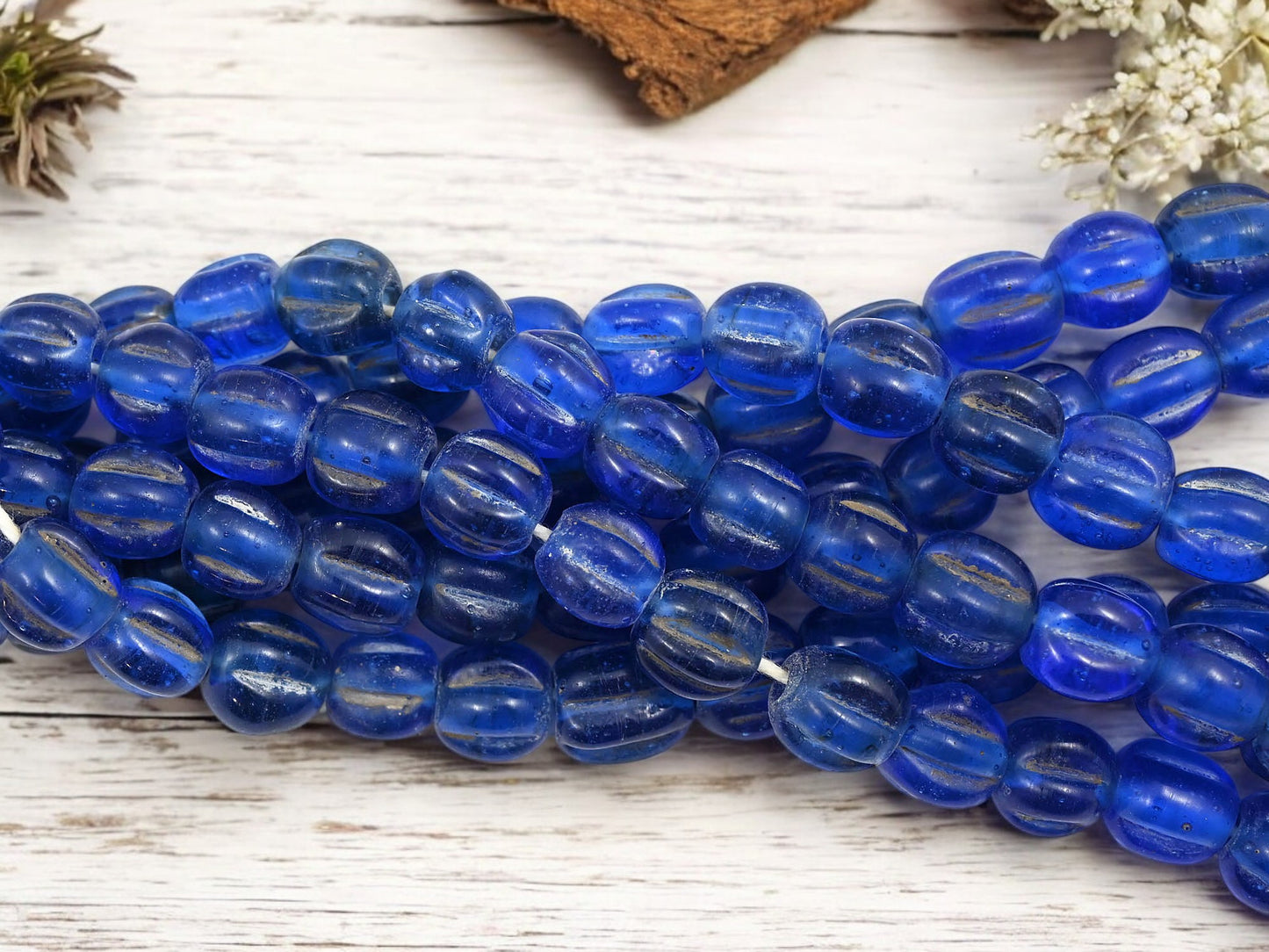 Aged Sapphire Pompeii "Melon" Round Beads (24" Strand) - Indonesian Glass Beads