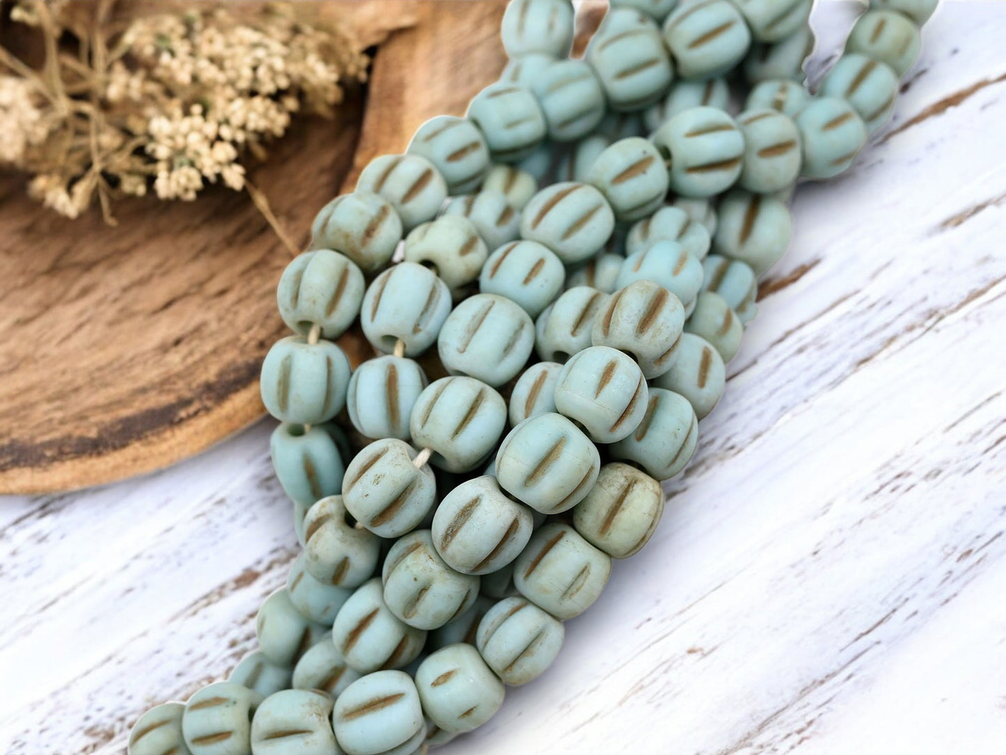 Aged Robins Egg Pompeii "Melon" Round Beads (24" Strand) - Indonesian Glass Beads