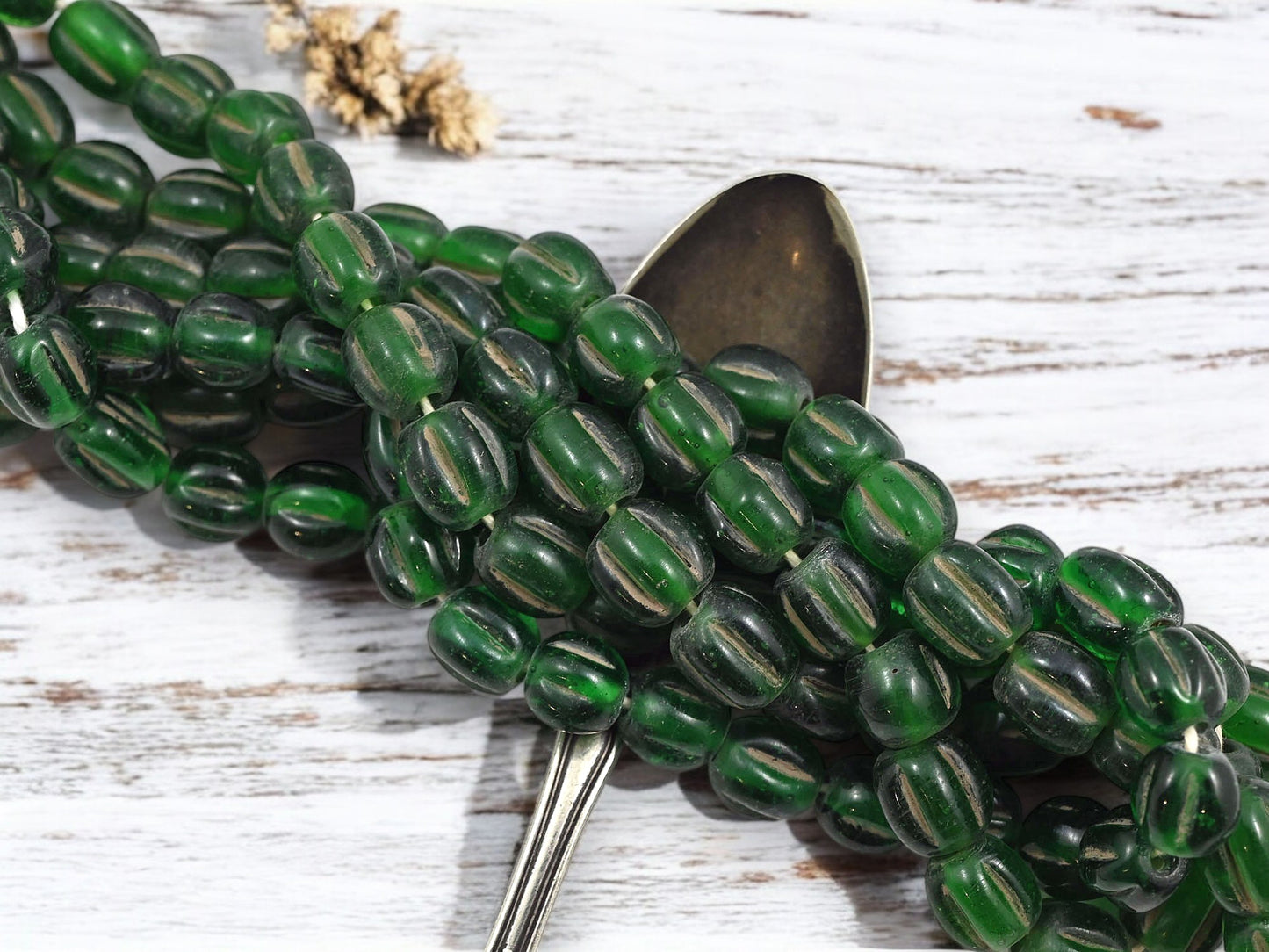 Aged Evergreen Pompeii "Melon" Round Beads (24" Strand) - Indonesian Glass Beads