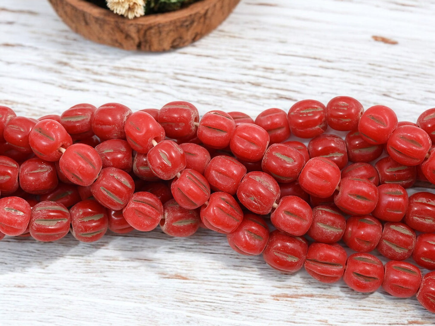 Aged Red Pompeii "Melon" Round Beads (24" Strand) - Indonesian Glass Beads
