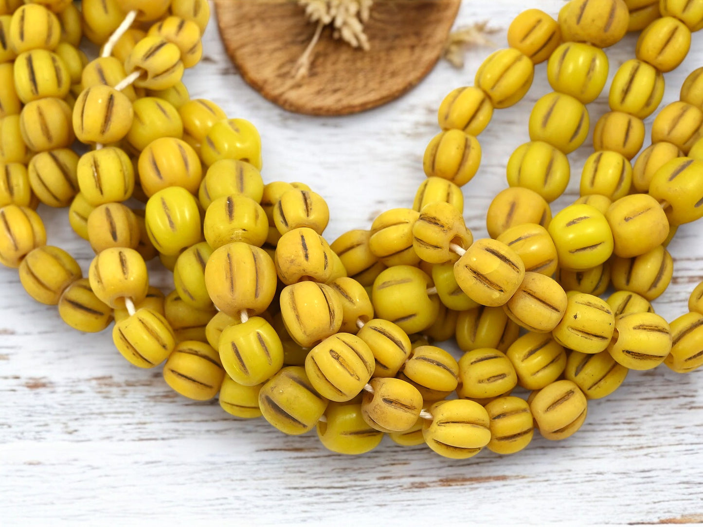 Aged Yellow Pompeii "Melon" Round Beads (24" Strand) - Indonesian Glass Beads