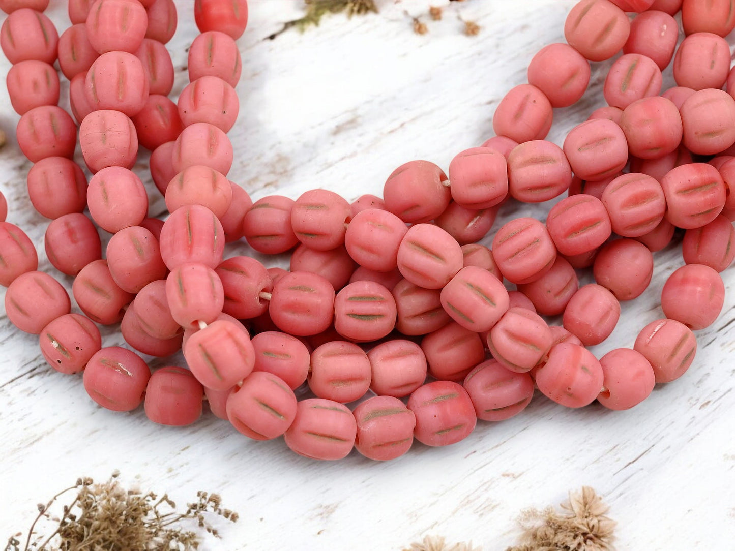 Aged Coral Pink Pompeii "Melon" Round Beads (24" Strand) - Indonesian Glass Beads