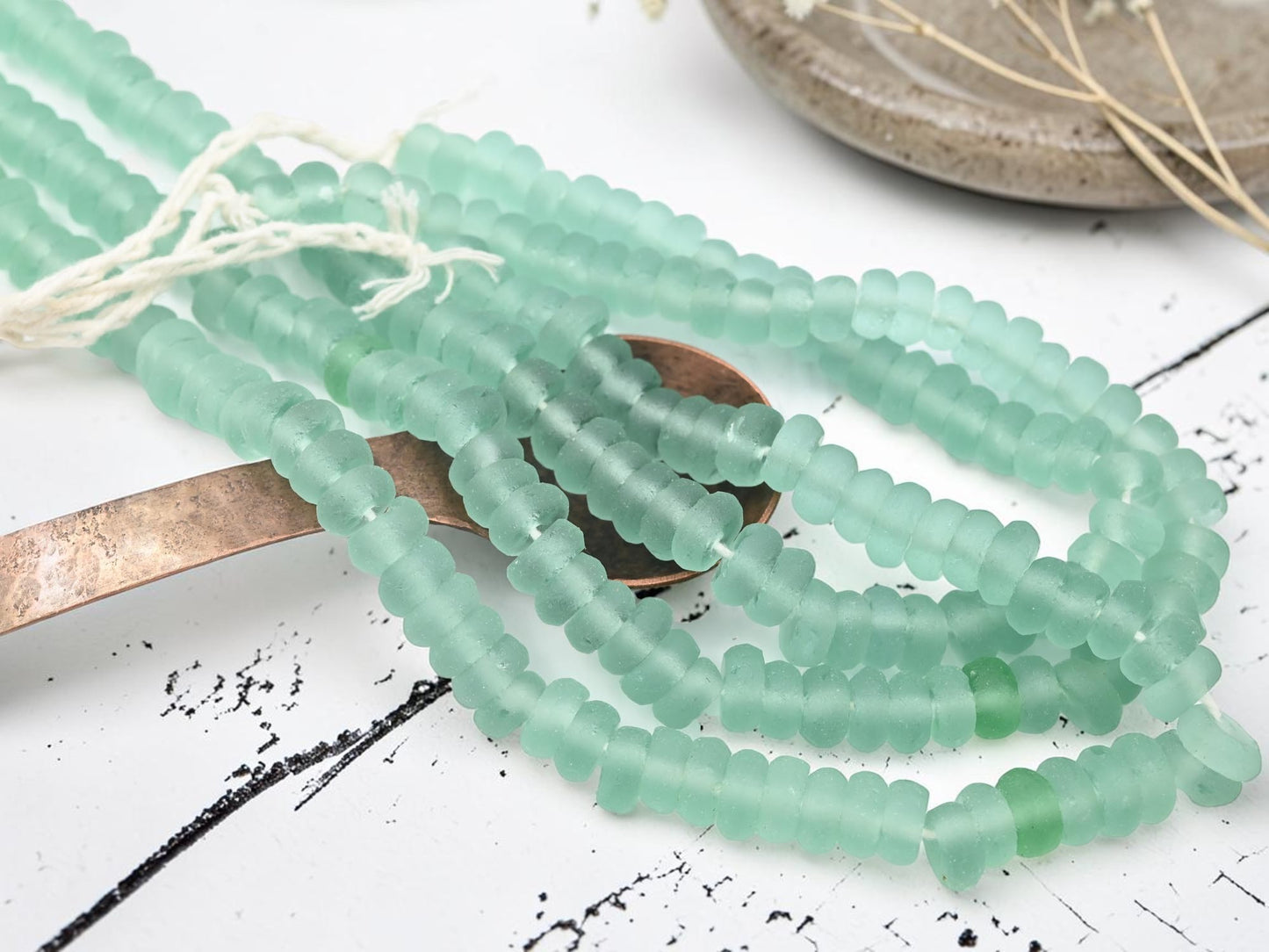 9-10 x 4-5mm Matte Sea Green Recycled Java Window Glass Donut Rondelle Beads (15" Strand)