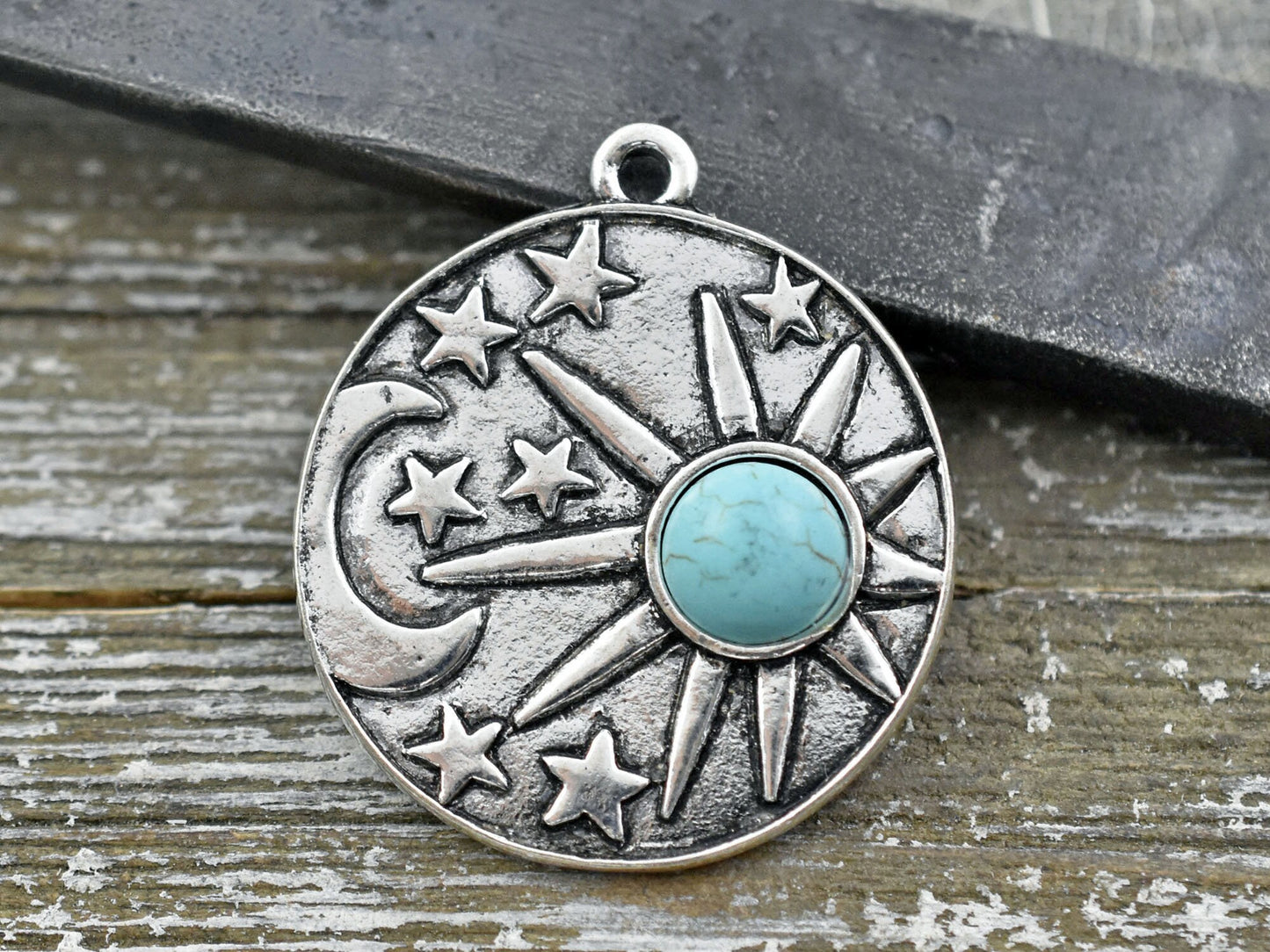 34x29mm Antique Silver w/Turquoise Sun Moon Pendants - 6pcs