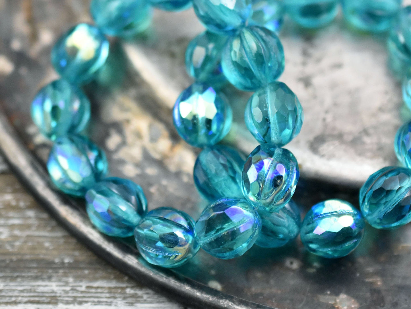 *10* 10mm Dark Aqua AB Faceted Round Melon Beads
