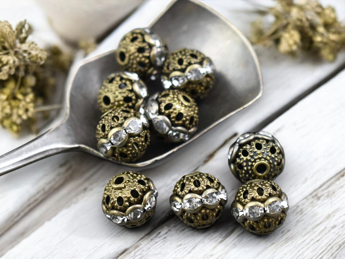 Antique Bronze Rhinestone Filigree Round Beads -- Choose Your Size