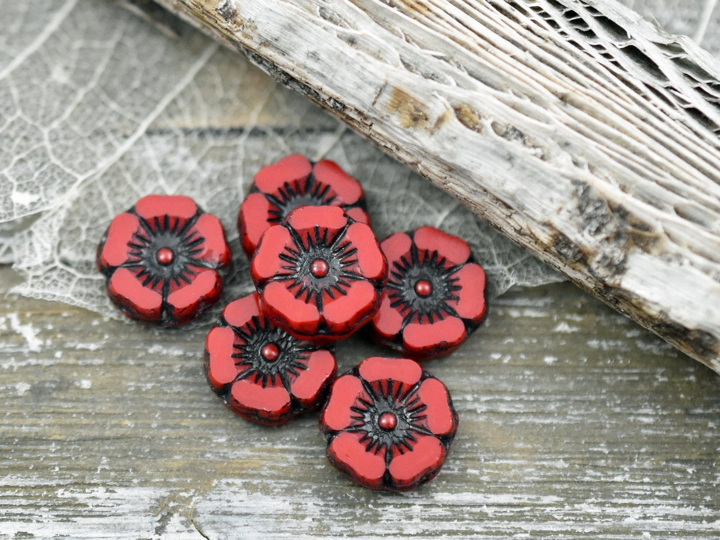 *12* 12mm Black Inlayed Opaque Red Hawaiian Flower Beads