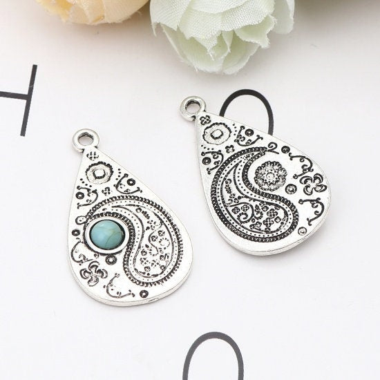 *5* 33x19mm Antique Silver w/Turquoise Paisley Drop Pendants
