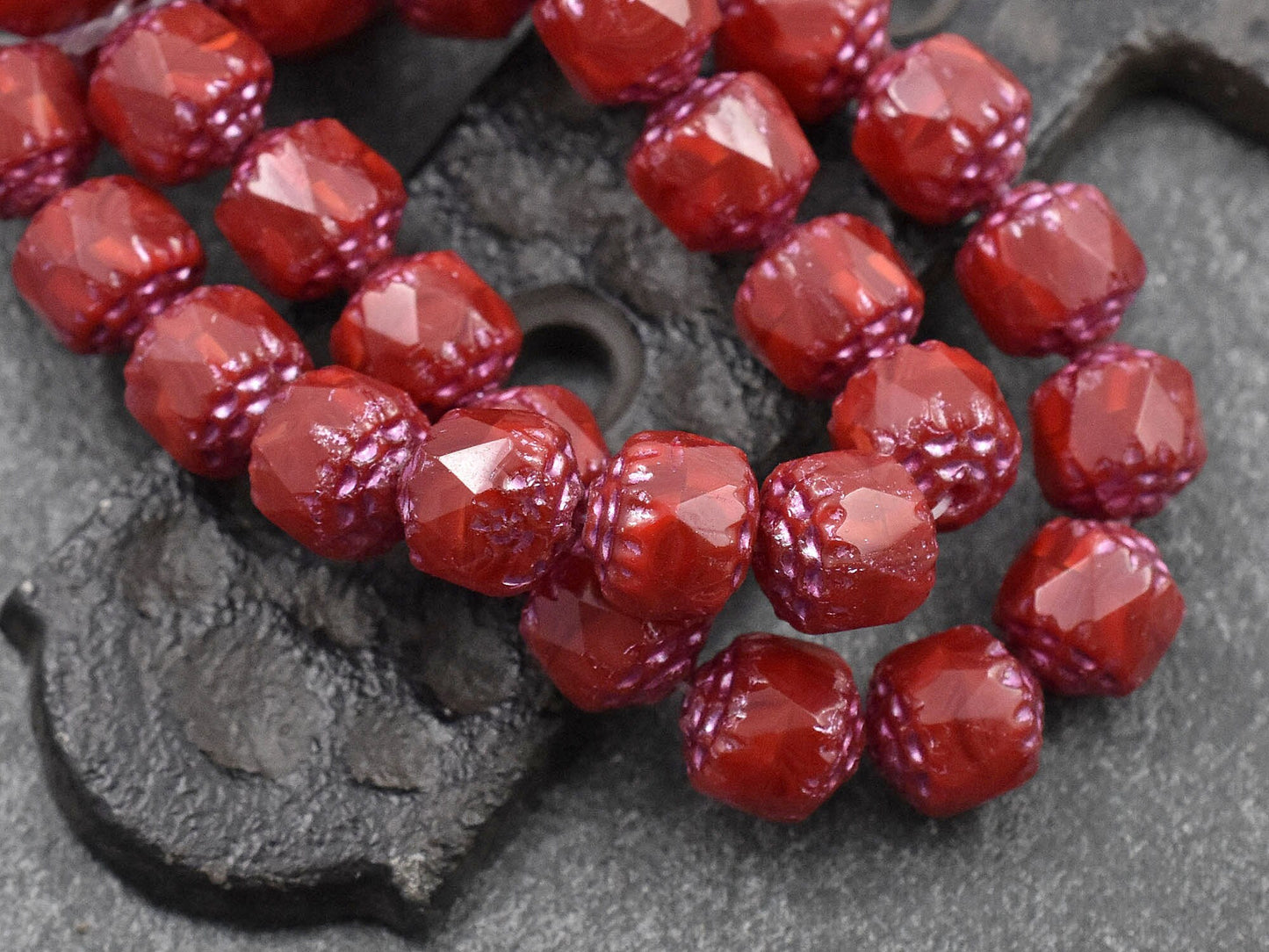 *15* 8mm Metallic Pink Washed Ruby Red Fire Polished Cathedral Beads