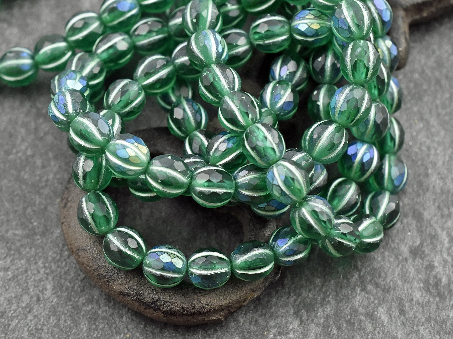 *20* 8mm Green Washed Matte Emerald AB Faceted Round Melon Beads