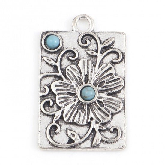 *5* 30x19mm Antique Silver w/Turquoise Floral Rectangle Charms