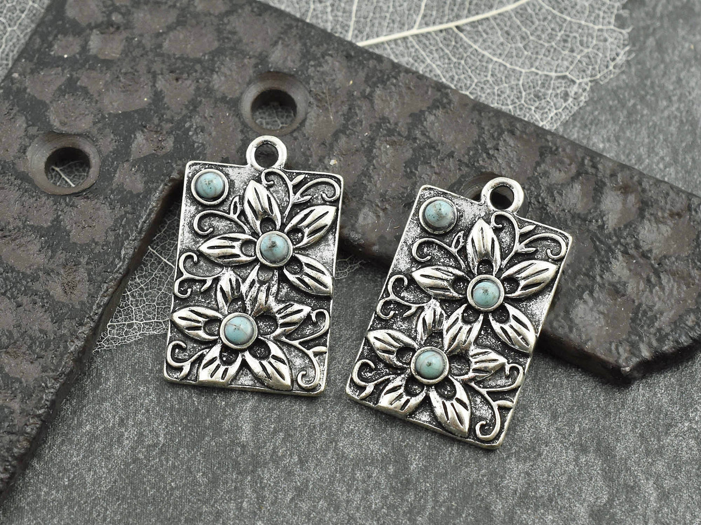 *5* 30x19mm Antique Silver Rectangle Plumeria Floral Charms