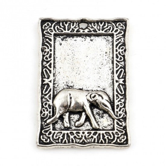 Elephant Pendant - Amulet Pendant - Metal Pendant - Silver Pendant - Flower Charms - 32x22mm - 10pcs - (B296)